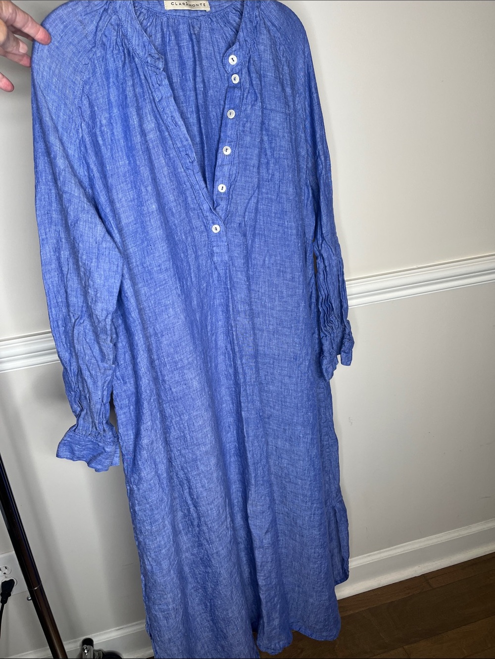 Blue Linen Maxi Dress with Button Placket - one size